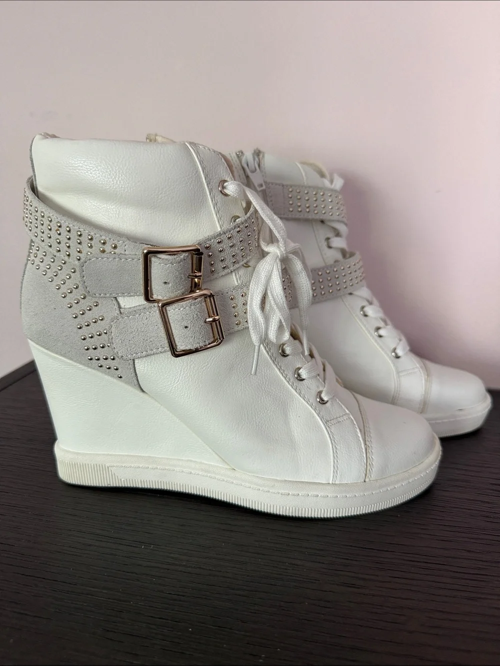 Aldo White Wedge Sneaker Boots with Studded Straps